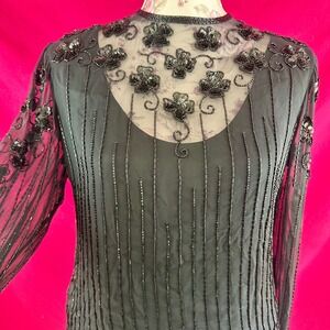 Vintage Rina di Montella Silk‎ Beaded Sequin Floral Sheer Black Top Size 6 Small